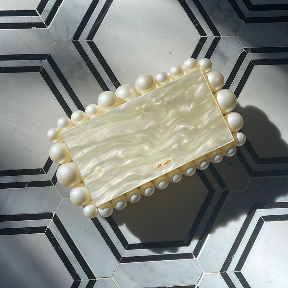 Cult Gaia Eos Box Clutch with duster. Ivory. Pearl. Minor scratches